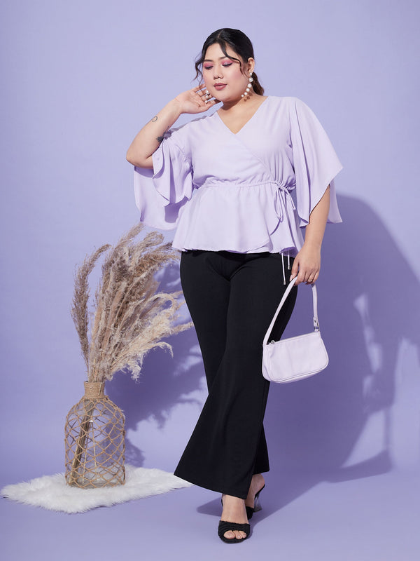 Women's Lavender Short Frill Sleeves Wrap Top - SASSAFRAS