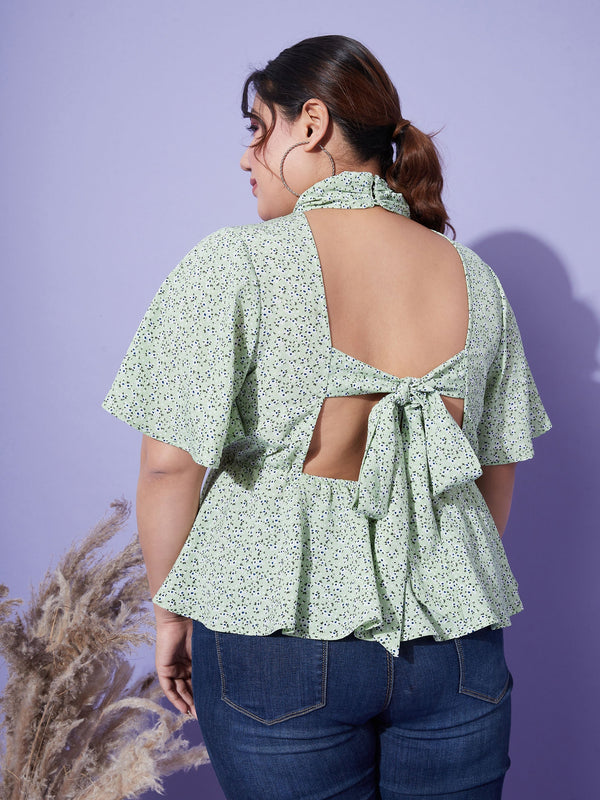 Women's Green Floral Back Tie-up Top - SASSAFRAS