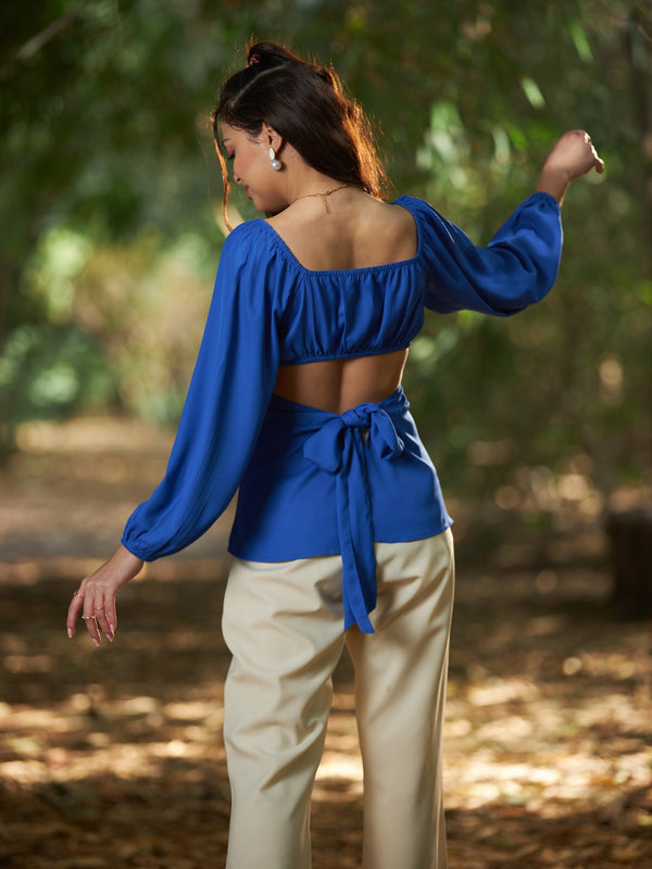 Women's Royal Blue Front Ruched Peplum Top - SASSAFRAS