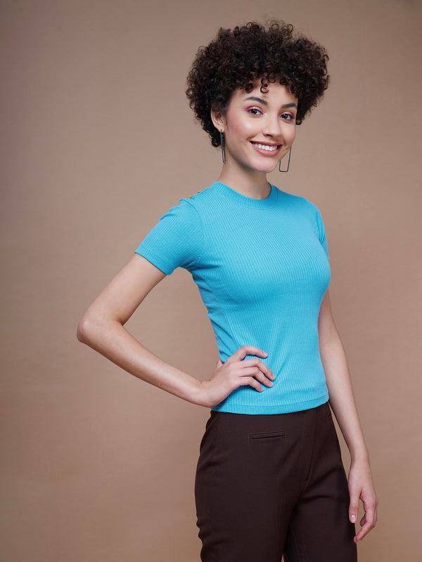 Women's Turquoise Rib Round Neck Top - SASSAFRAS