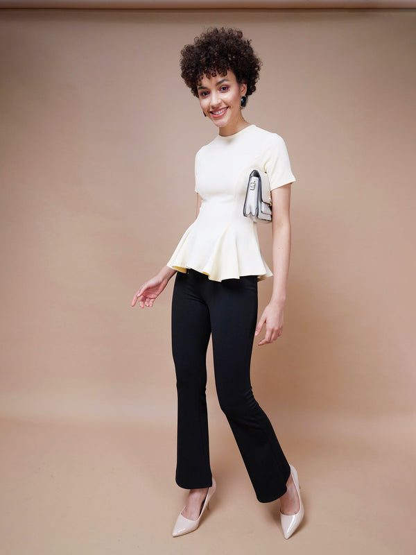 Women's Cream Short Sleeves Peplum Top - SASSAFRAS