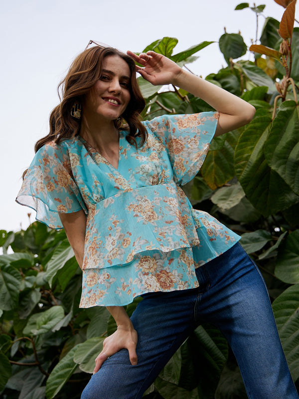 Women's Turquoise Floral Frill Hem Top - SASSAFRAS