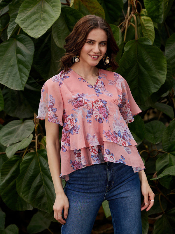 Women's Peach Floral Frill Hem Top - SASSAFRAS