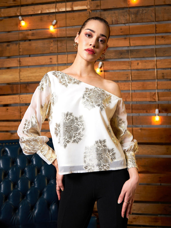 Women's White Jacquard One Shoulder Top - SASSAFRAS