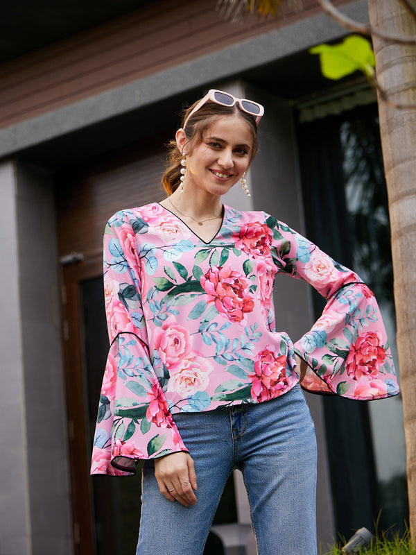 Women's Rose Floral Bell Sleeves Regular Top - SASSAFRAS