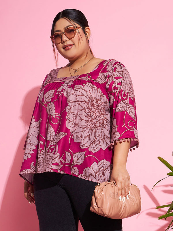 Women's Magenta Floral Square Neck Top - SASSAFRAS