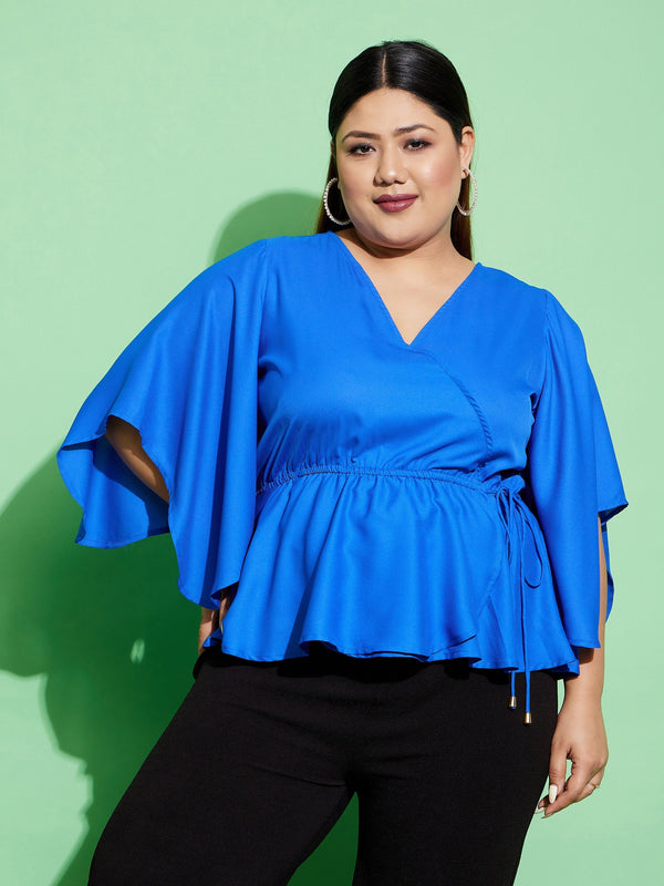 Women's Royal Blue Short Frill Sleeves Wrap Top - SASSAFRAS