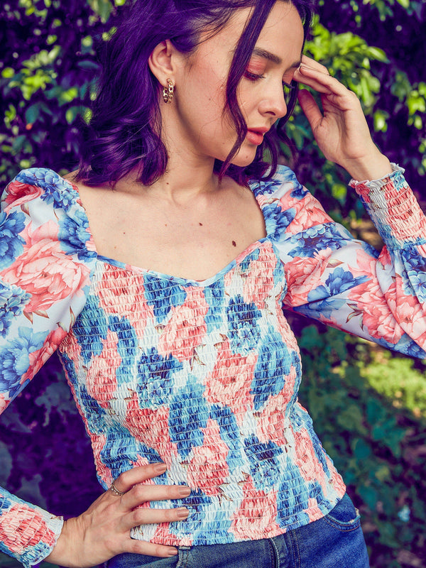 Women's Blue Floral Smoked Top - SASSAFRAS