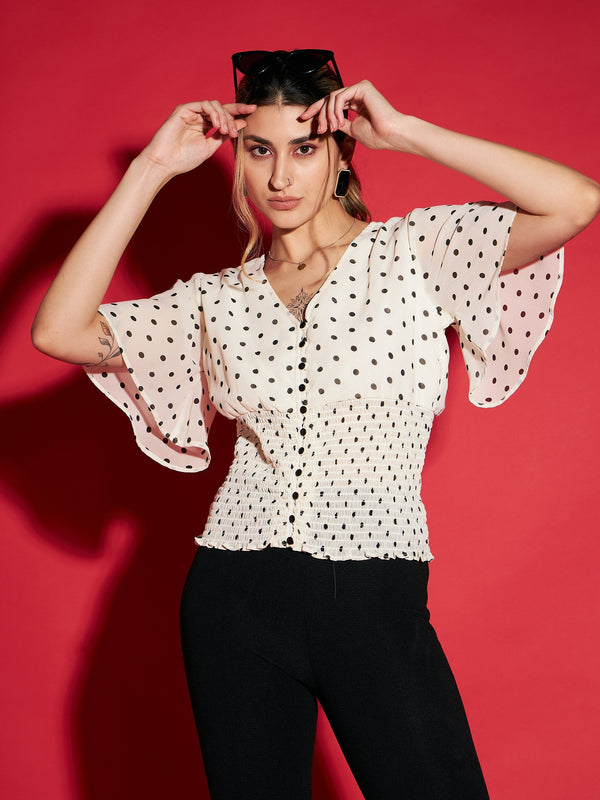 Women's White Polka Dot Printed Front Open Smocked Top - SASSAFRAS