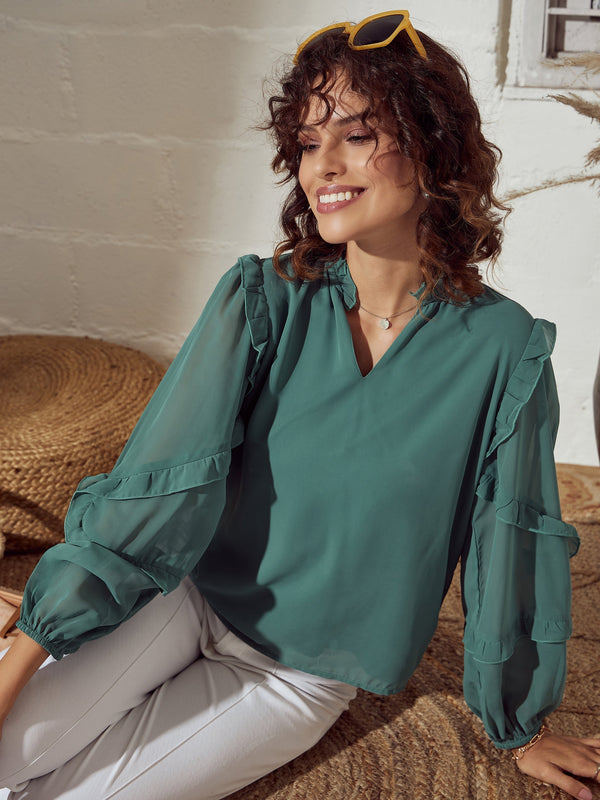 Women's Sea Green Ruffle Detail Top - Lyush