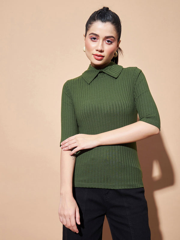 Women's Olive Stand Up Collar Rib Top - Lyush