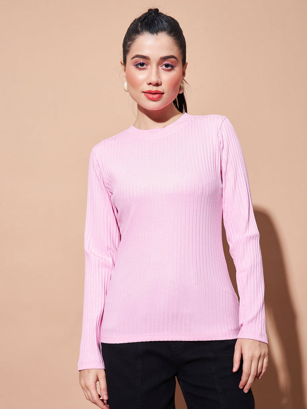 Women's Pink Full Sleeves Rib Top - Lyush