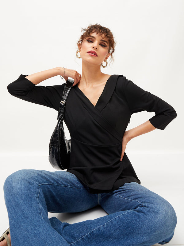 Women's Black V-Neck Peplum Top - Lyush