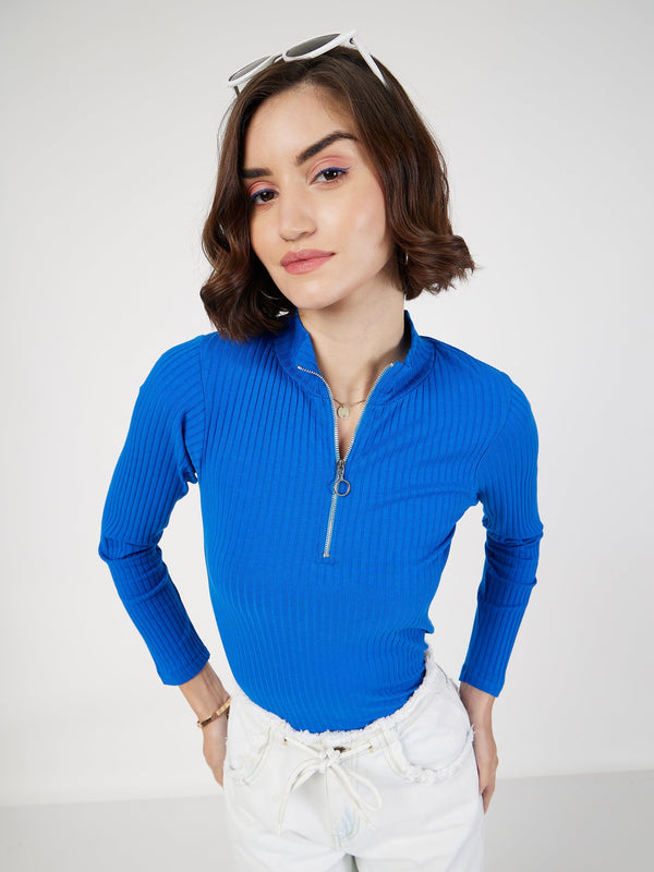 Women's Royal Blue Rib Front Zipper Full Sleeves Top - Lyush