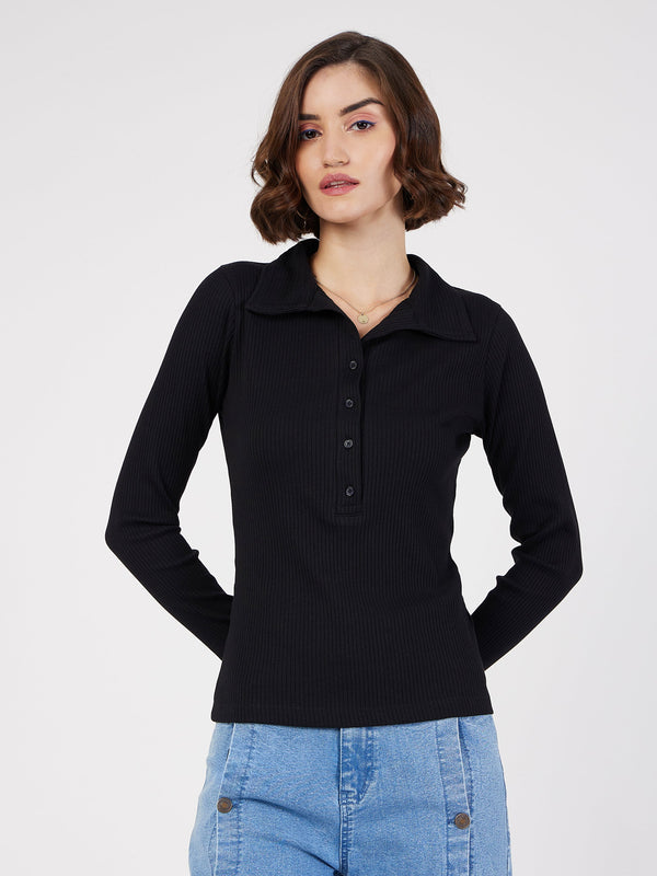 Women's Black Rib Polo Neck Full Sleeves Top - Lyush