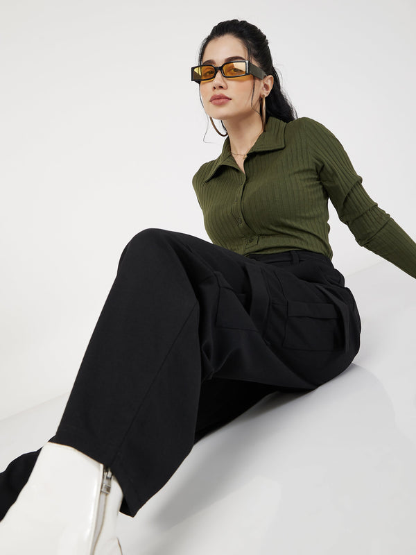 Women's Olive Rib Polo Neck Full Sleeves Top - Lyush