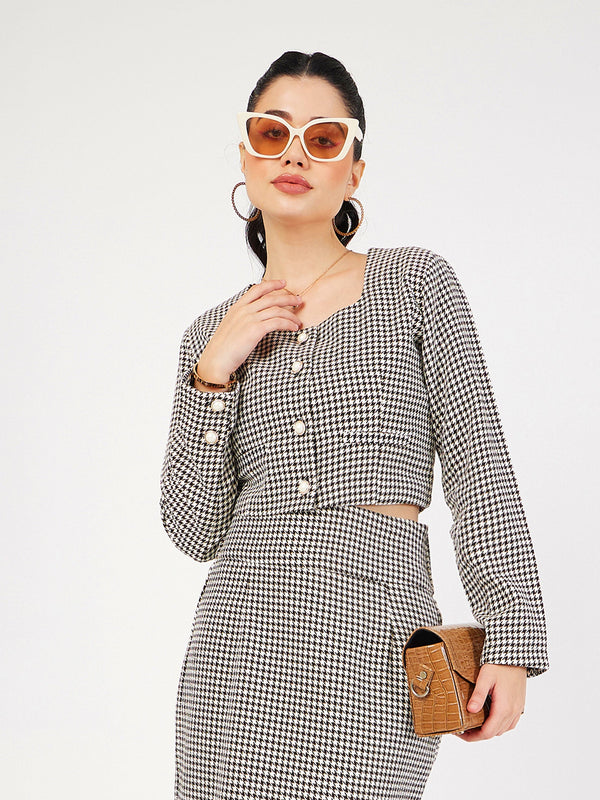 Women's Black Houndstooth Tweed Square Neck Top - Lyush