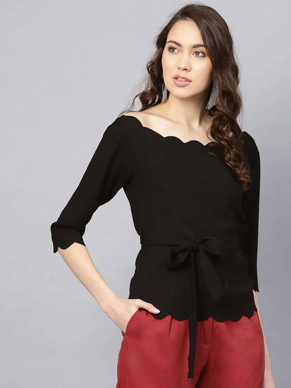 Women's Black Off Shoulder Scalloped Top - SASSAFRAS