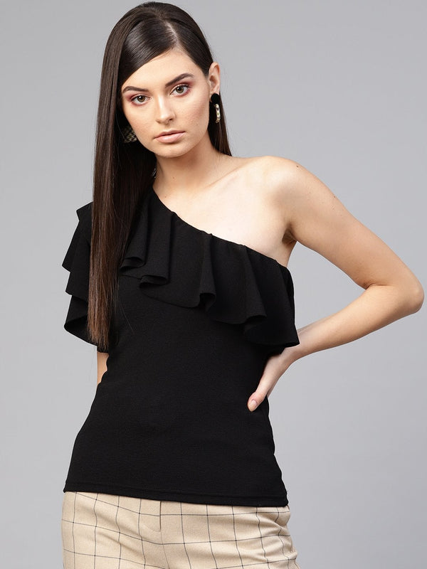 Women's Black One Shoulder Ruffle Top - SASSAFRAS