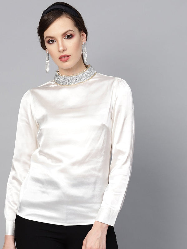 Women's Ivory Satin Blingy Neck Top - SASSAFRAS