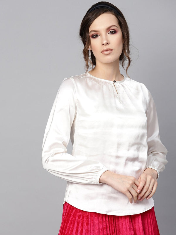 Women's Ivory Satin Front Key Hole Blouse - SHAE