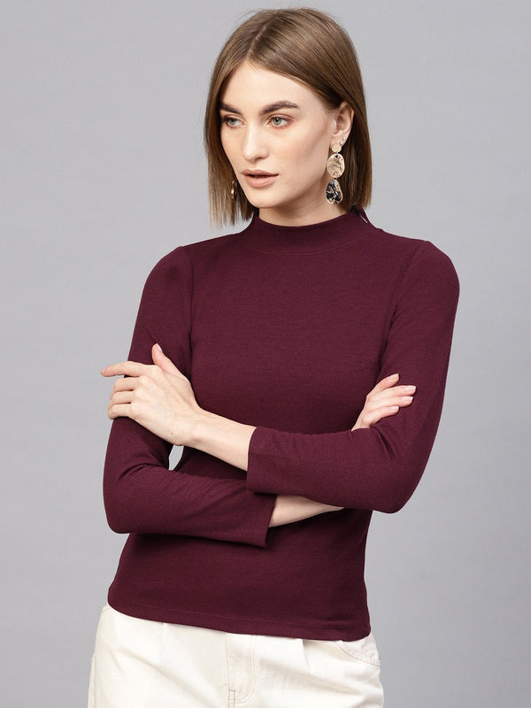 Women's Burgundy High Neck Rib Top - SASSAFRAS