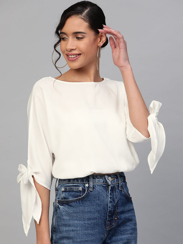 Women's Off-White Sleeve Tie-Up Crop Top - SASSAFRAS