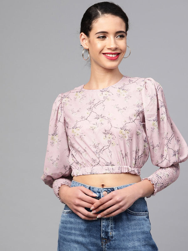 Women's Lilac Floral Smocking Sleeve Crop Top - SASSAFRAS