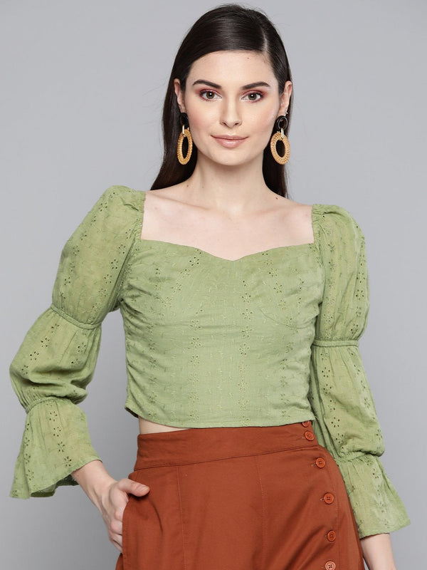 Women's Olive Schiffli Bishop Sleeve Crop Top - SASSAFRAS