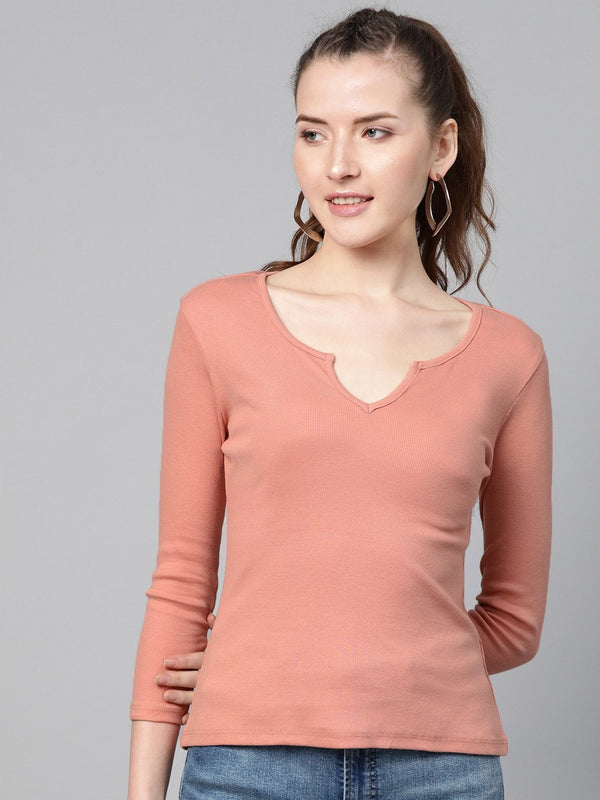 Women's Peach Rib V-Neck T-Shirt - SASSAFRAS