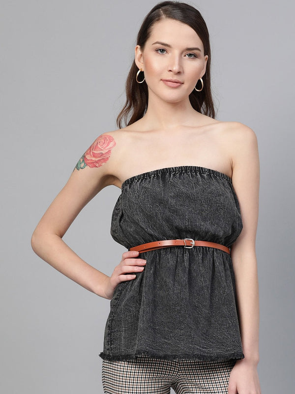 Women's Black Denim Acid Wash Tube Top - SASSAFRAS