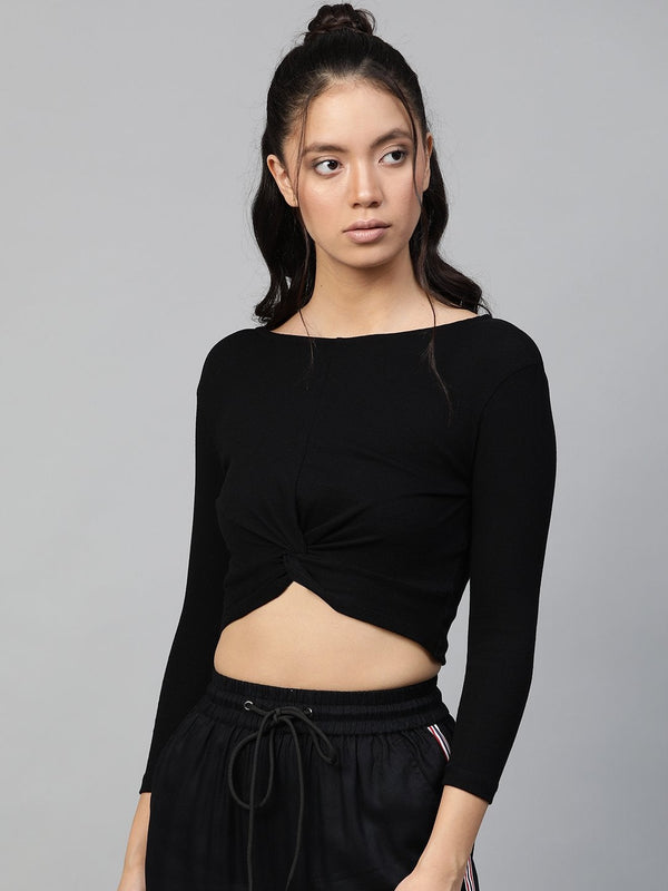 Women's Black Rib Twisted Knot Crop Top - SASSAFRAS