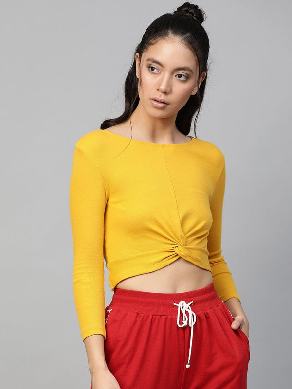 Women's Mustard Rib Twisted Knot Crop Top - SASSAFRAS