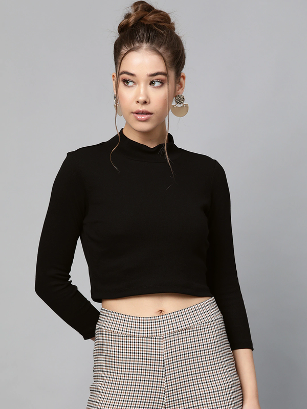 Women's Black Rib Turtle Neck Crop Top - SASSAFRAS