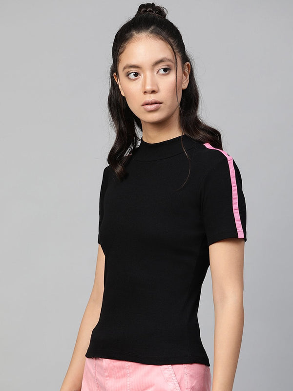 Women's Black Rib High Neck Shoulder Tape Top - SASSAFRAS