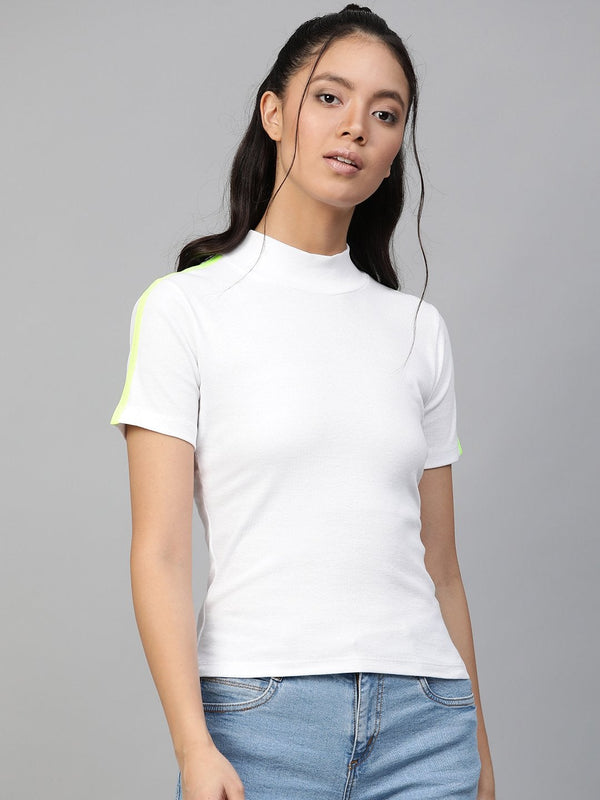 Women's White Rib High Neck Shoulder Tape Top - SASSAFRAS