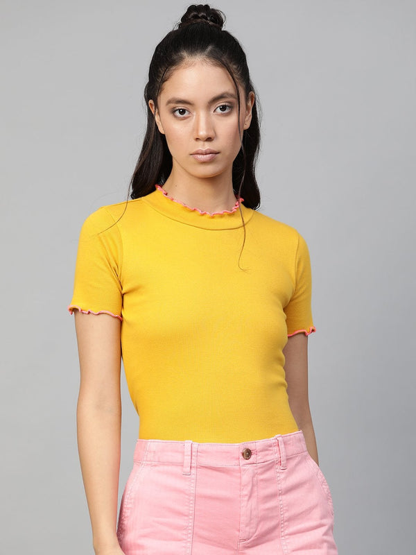 Women's Mustard Rib Contrast Stitch High Neck Top - SASSAFRAS