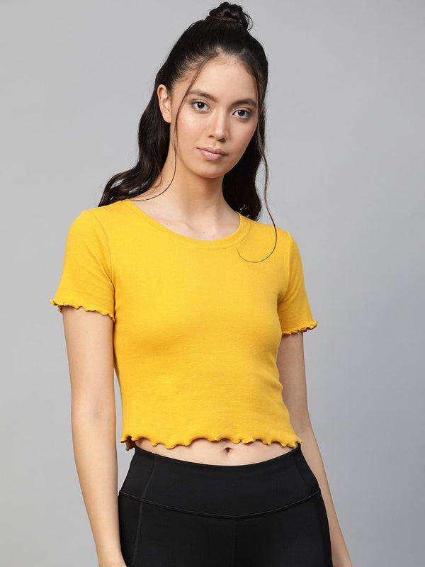 Women's Mustard Rib Round Neck Crop Top - SASSAFRAS