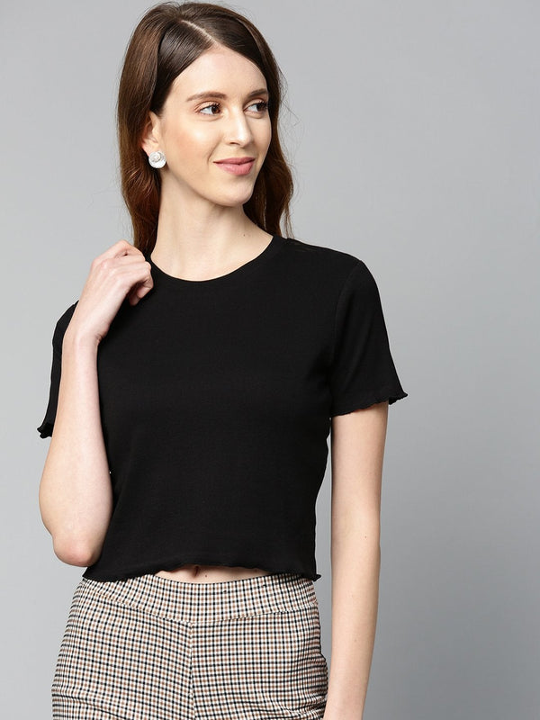 Women's Black Rib Round Neck Crop Top - SASSAFRAS