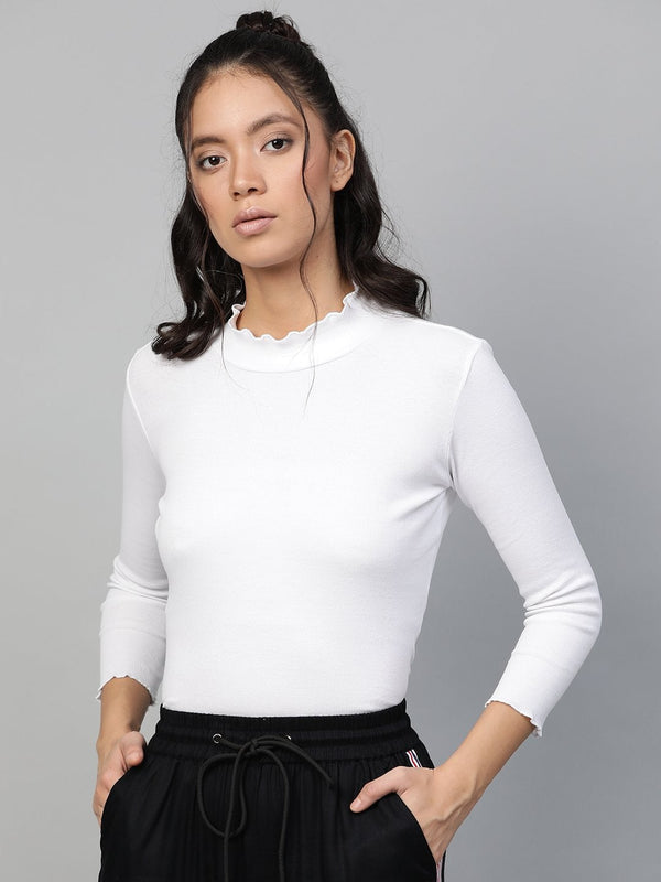 Women's White Rib High Neck Full Sleeve Top - SASSAFRAS