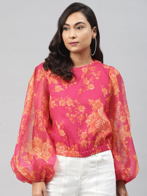 Women's Fuchsia Floral Balloon Sleeve Crop Top - SASSAFRAS