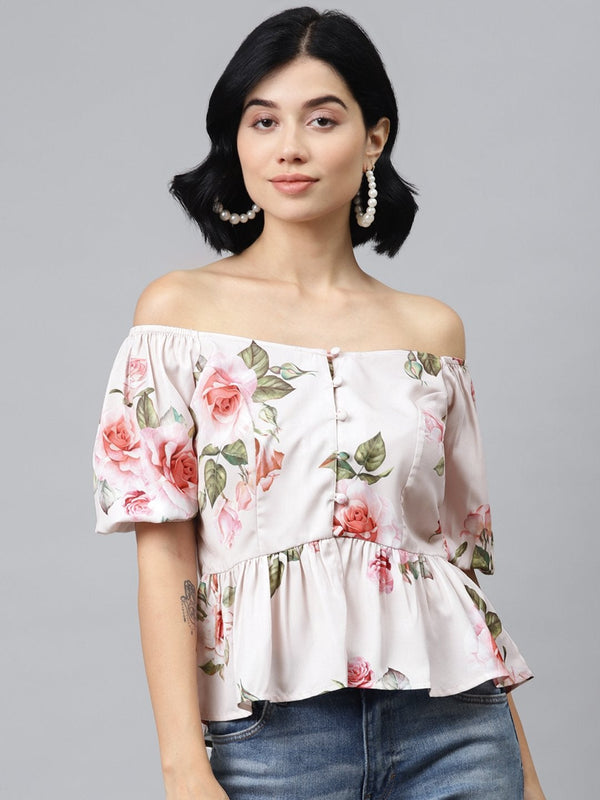 Women's Nude Floral Front Button Peplum Top - SASSAFRAS