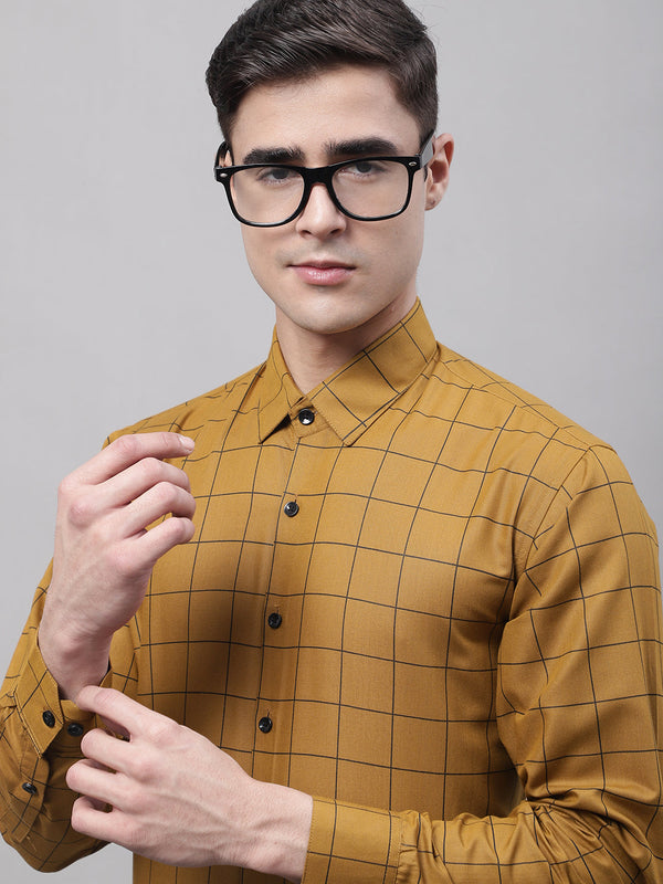 Men's Mustard Cotton Checked Formal Shirt