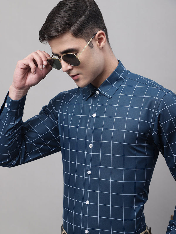 Men's Teal Blue Cotton Checked Formal Shirt