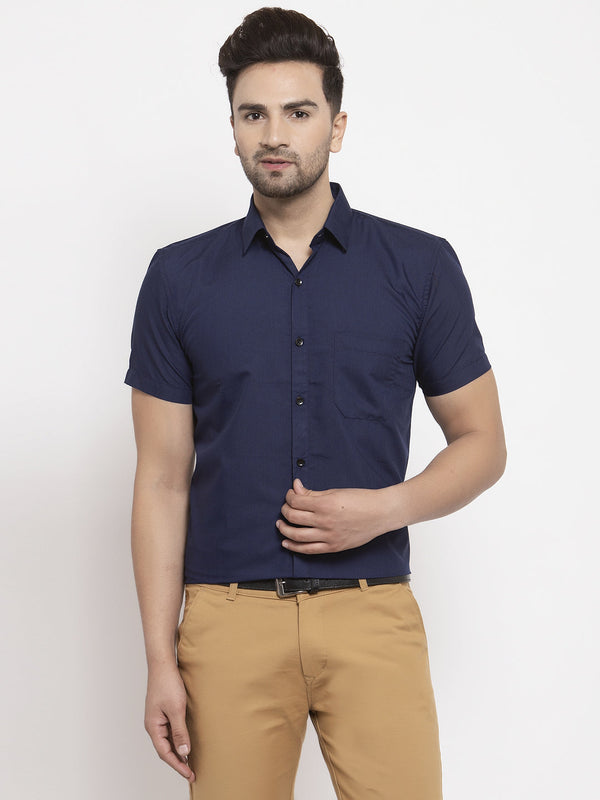 Jashvi Navy Men's Cotton Half Sleeves Solid Formal Shirts