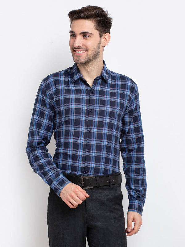 Jashvi Blue Men's Checked Cotton Formal Shirt