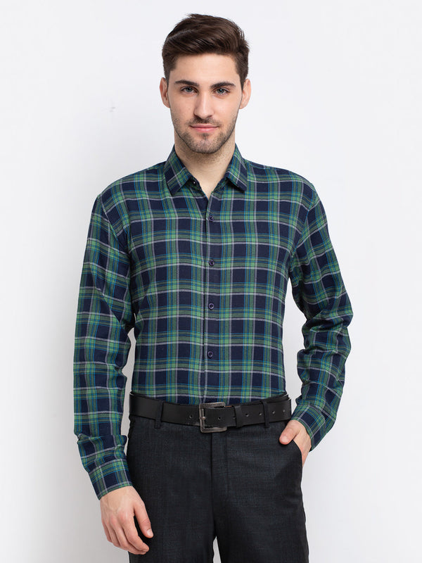 Jashvi Green Men's Checked Cotton Formal Shirt