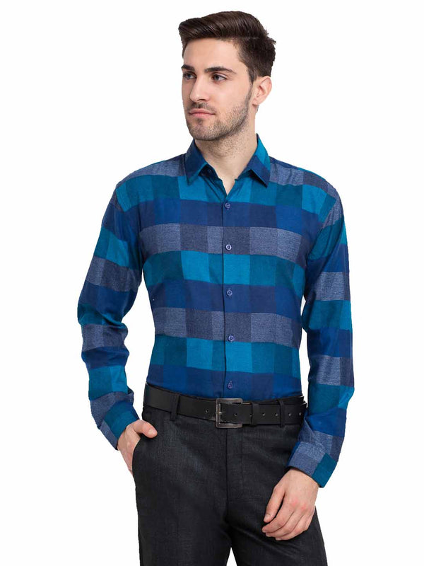 Jashvi Blue Men's Checked Cotton Formal Shirt