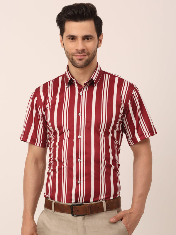 Men's Lycra Striped Half Sleeve Formal Shirts ( SF 812Maroon ) - Jainish