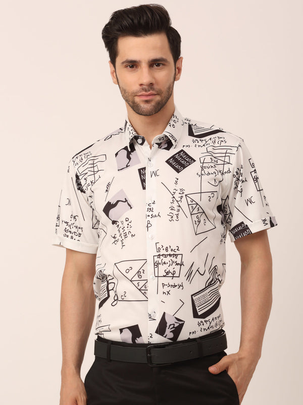 Men's Lycra Printed Half Sleeve Formal Shirts ( SF 813White ) - Jainish